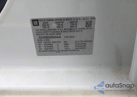 2014 Chevrolet Silverado 1500 1Lz from USA, damaged, VIN 3GCUKSECXEG434343